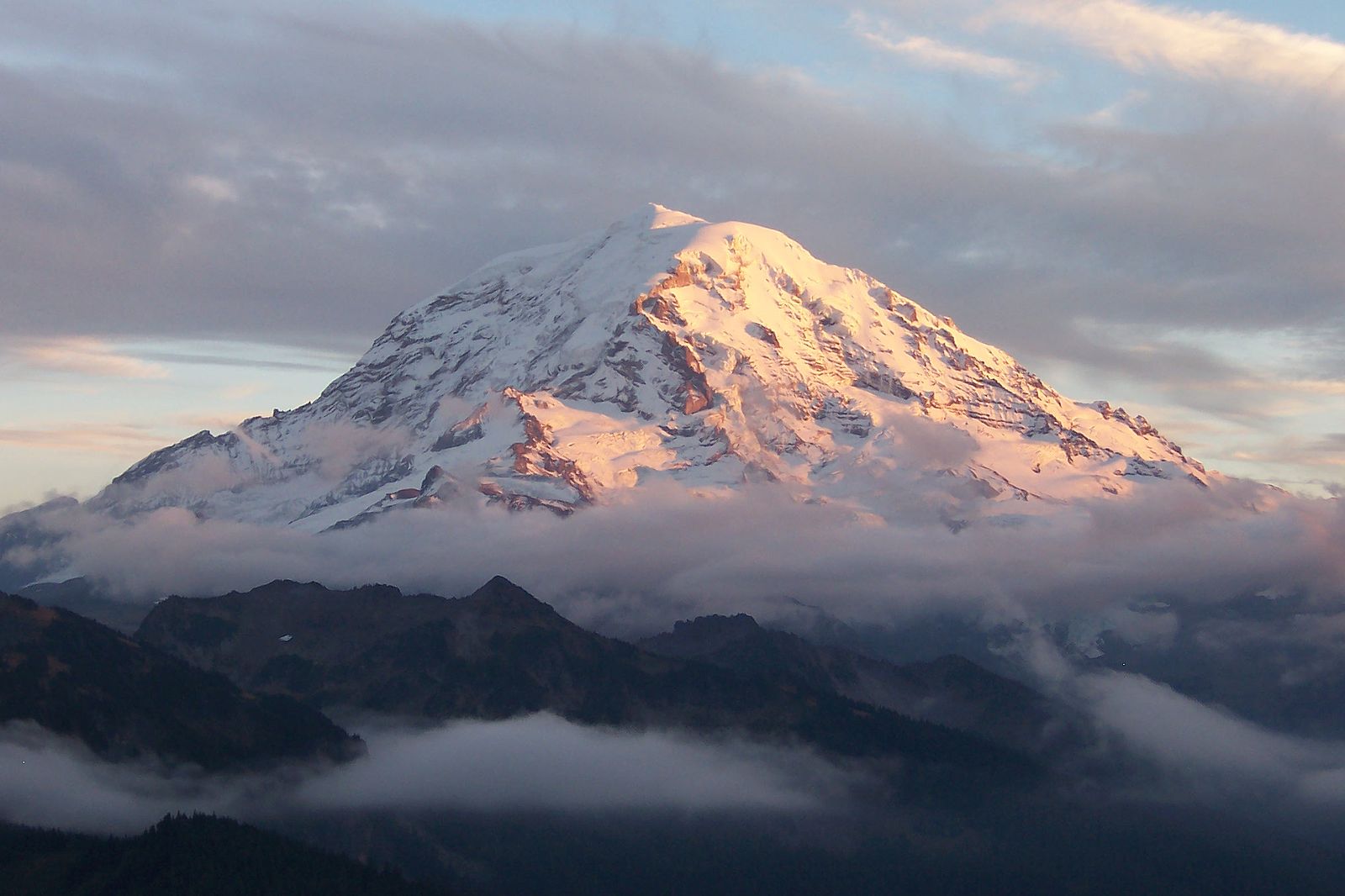 Mount Rainier aerial photo with sunset and clouds